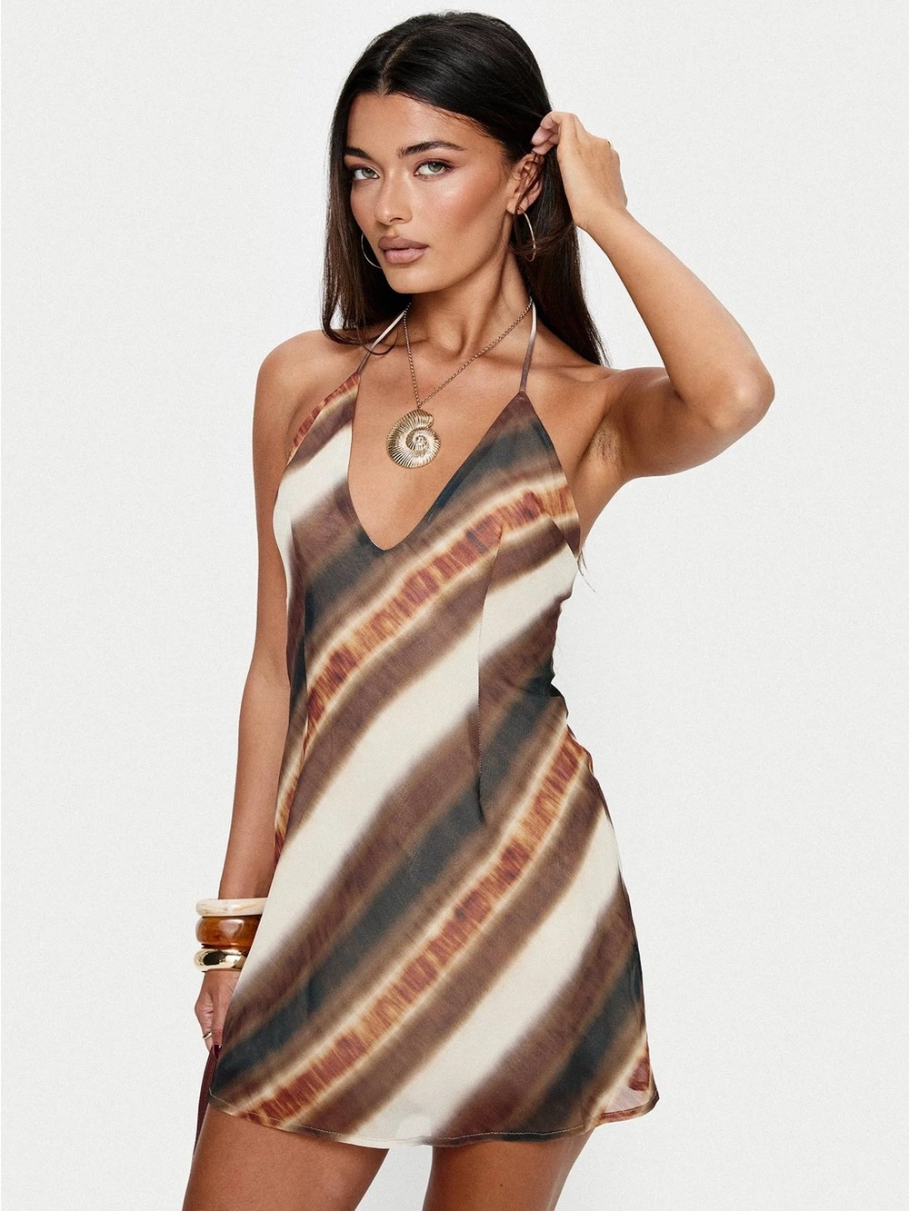 NWT Princess Polly Esmira Halter Mini Dress Brown Stripe